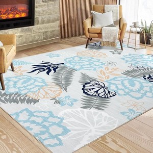 Acekool Washable Area Rug, Modern Floral Leaf Non-Slip Stain Resistant Low Pile Soft Carpet for Living Room Bedroom, Easy Care - 1 of 4