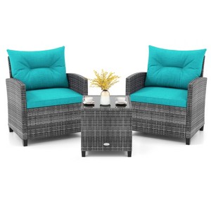 Tangkula 3 Pieces Patio Bistro Set Outdoor PE Rattan Conversation Chair Set with Tempered Glass Side Table and Removable Cushions Turquoise - 1 of 4