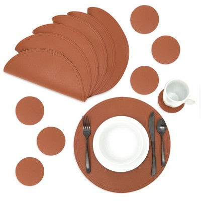 Juvale Set of 6 Brown Faux Leather Round Placemats with Matching Coasters - Circle Table Mats for Dining Room, Kitchen, 13.4 In
