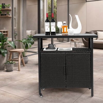 Outdoor Wicker Bar Cart with Storage and Wheels Patio Rattan Beverage Table with Plastic Wood Top for Garden Backyard or Poolside -The Pop Home
