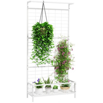 Outsunny Tall Metal Plant Stand with Trellis and Hanging Bar, Plant Holder for Indoor Outdoor Use, 36" x 12.8" x 74"
