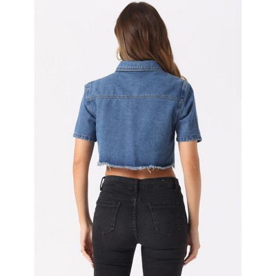 Allegra K Women's Casual Collared Short Sleeve Frayed Crop Jean Denim Jacket Small Sky Blue — фото 3