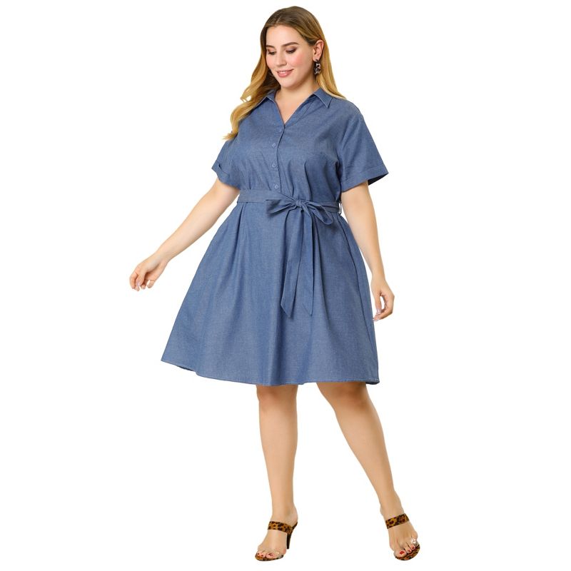 Agnes Orinda Women's Plus Size Relaxed Fit Buttons Belted Short Sleeves Chambray Shirtdress, 3 of 7