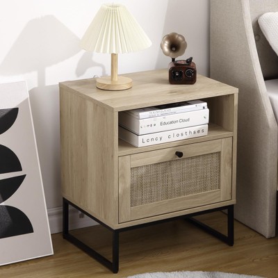 Rattan Nightstand, Boho Bedside Table with Storage Drawer & Metal Legs, Farmhouse Wood Small Night Stand End Table for Bedroom Living Room