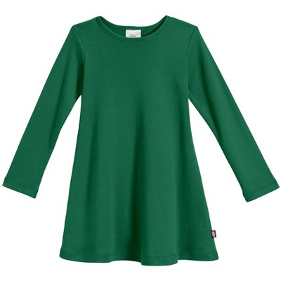 Image of City Threads USA-Made Girls Soft Cotton Long Sleeve Baby Rib Dress | Forest Green - 12/18M