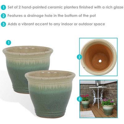 Seafoam High-Fired Glazed Ceramic Planter Duo with Drainage, 11-Inch