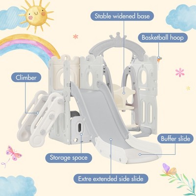 5-in-1 Kids Slide Swing Set Climber Slide Playset With Basketball Hoop Indoor Outdoor Playground For Boys Girls Birthday Xmas Gifts, Green