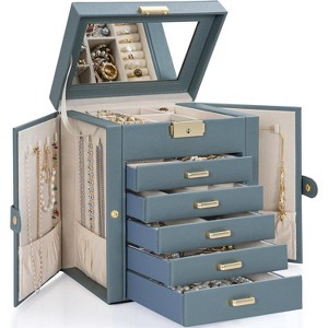Leather Jewelry Box with Mirror & Lock, 3-Tier Organizer with 2 Drawers for Necklaces & Bracelets - 1 of 4