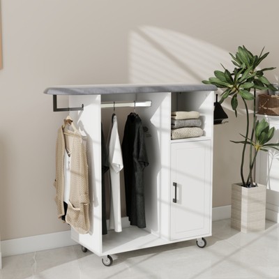 Rolling Ironing Board Cart with Storage - Space Saving Ironing Station w/Adjustable Shelves & Wheels, Multi-Functional Laundry Organizer