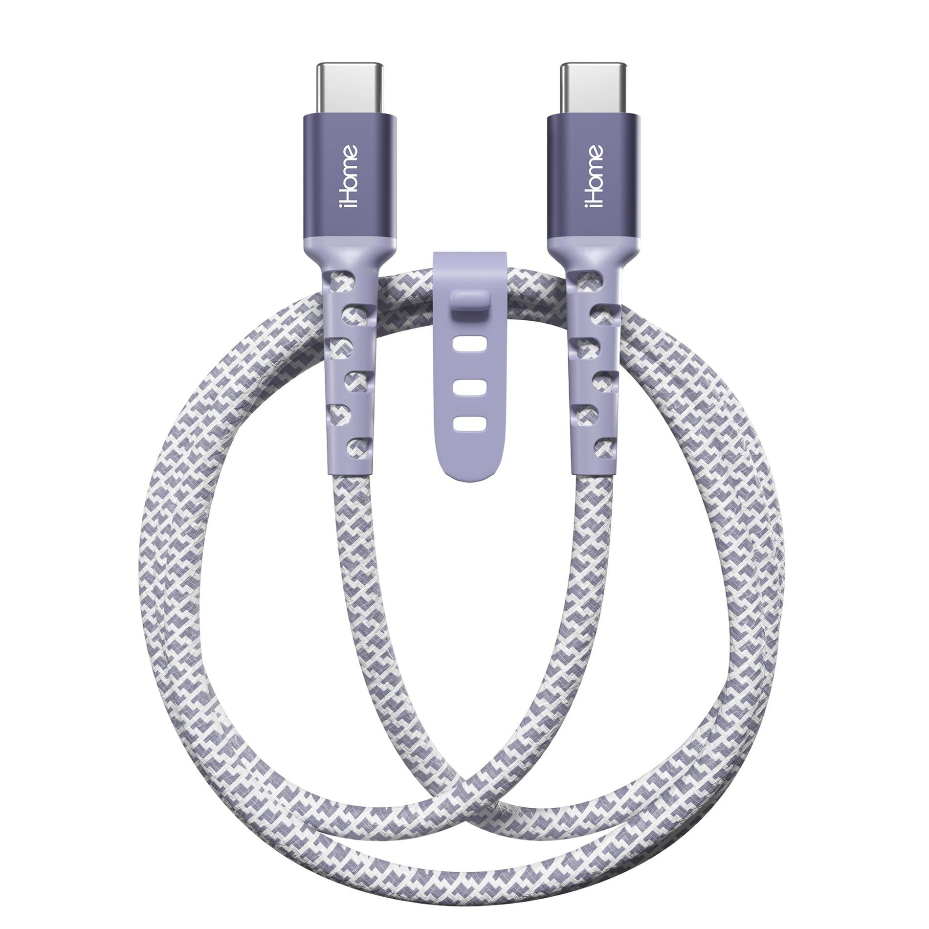 iHome 6' USB-C to USB-C Cable, Nylon Braided with Cable Wrap, Purple