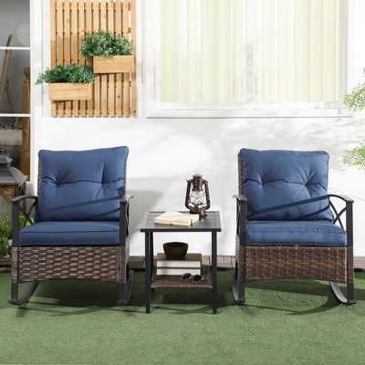 Dark Blue Wicker Rocking Chair Bistro Set with Cushions