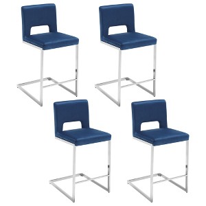 26" H Bar Stools Set of 4 - Modern Velvet Barstools with Hollow Back, Upholstered Armless Kitchen Island Stools, Blue with Chrome Metal Frame - 1 of 4