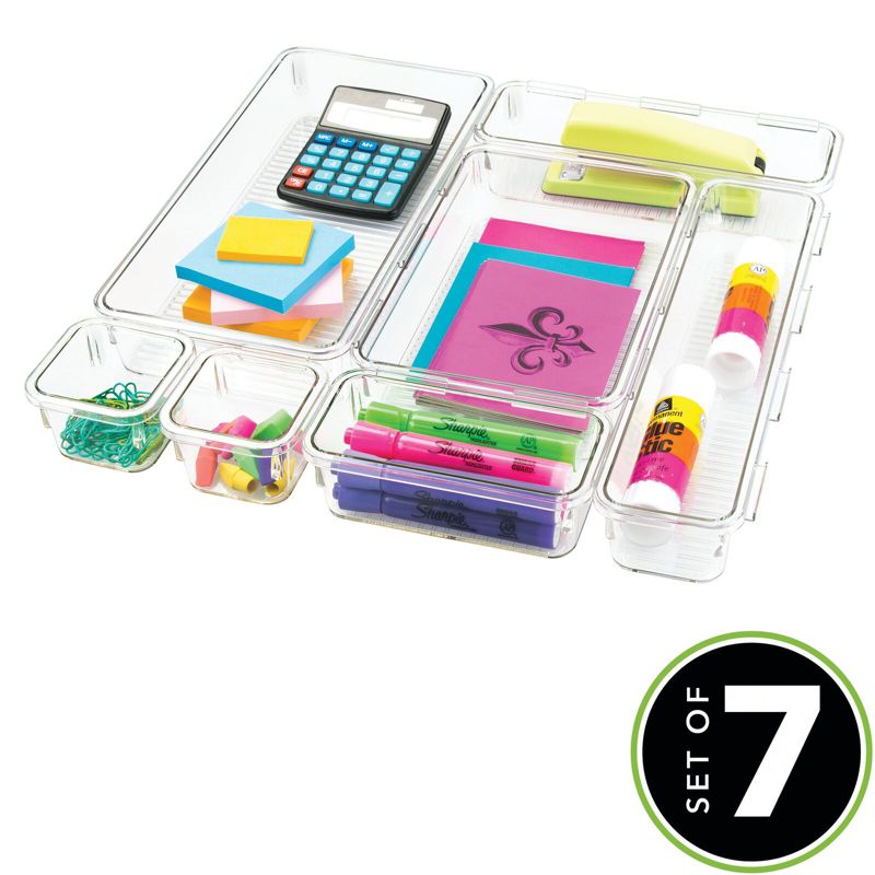 mDesign Plastic Interlocking Desk Drawer Organizer Bins, 7 Piece Set - Clear, 2 of 7