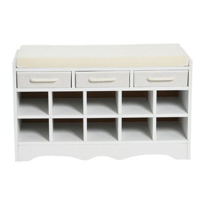 White Entryway Shoe Bench with Drawers and Cushioned Seat