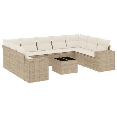 vidaXL 10 Piece Patio Sofa Set with Cushions Beige and Cream Poly Rattan - With Table