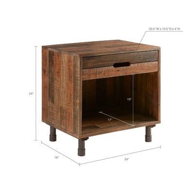 Rustic Industrial Pine Nightstand with Metal Accents, Light Brown