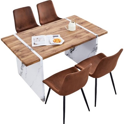 Infurnic Dining Sets Wood Veneer Dining Set with 4 Chairs Marble Style Legs Modern Minimalist Kitchen Table Collection, Brown, 55"*31.5"*29.5"