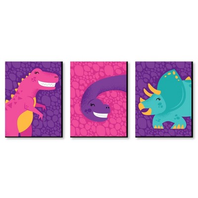 Big Dot of Happiness Roar Dinosaur Girl - Dino Mite T-Rex Nursery Wall Art and Kids Room Decorations - Gift Ideas - 7.5 x 10 inches - Set of 3 Prints