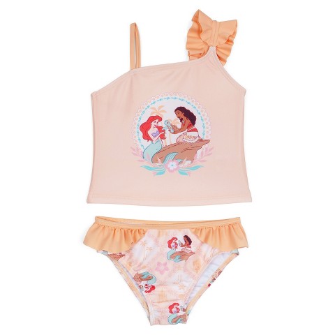 Disney Princess Little Girls UPF 50+ Tankini Top and Bikini Bottom Swim Set Peach Beige Moana And Ariel 6