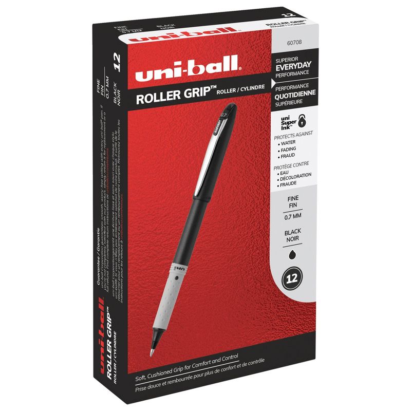 uni Roller Ball Grip Stick Pens, 0.7 mm Fine Tip, Black Ink, Pack of 12, 1 of 3