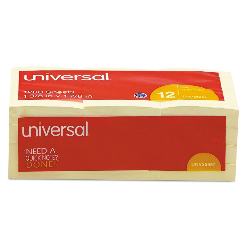 UNIVERSAL Standard Self-Stick Notes 1 3/8 x 1 7/8 Yellow 12 100-Sheet/Pack 35662, 1 of 6