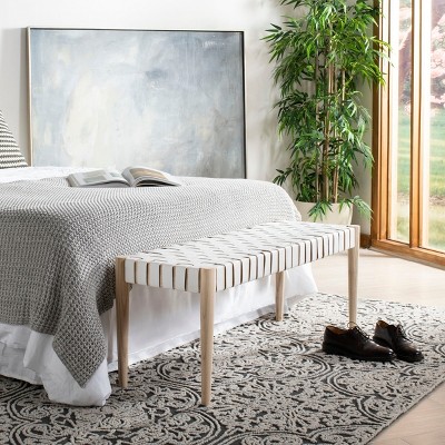 Amalia 47'' Beige and White Leather Weave Transitional Bench