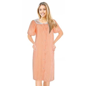 JEFFRICO House Dresses for Women with Pockets - Lightweight Breathable Short Sleeve Muumuu & Nightgowns Snap Front Housecoat Dusters - 1 of 4