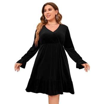 KOJOOIN Plus Size Velvet Dress Women V Neck Wrap Midi Dress Long Sleeve Babydoll Fall Dress Ruffle Hem Cocktail Party Dress Black 4XL