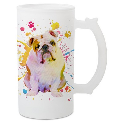 100 North Freezable Beer Stein Mug With Thumb Grip Handle, 16 Ounce Frosted Glass, English Bulldog Paint Splatter