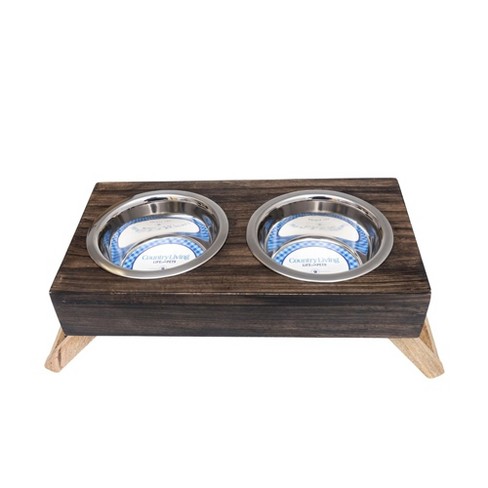 Country Living Classic Elevated Pet Feeder Solid Mango Wood With Brown Polished Finish Includes 2 Small 12 Oz Stainless Steel Bowls Target