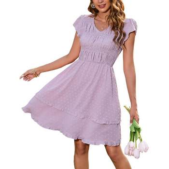 WhizMax Women's Short Sleeve  V Neck Swiss Dot Ruffle Tiered Mini Dress Casual Loose Flowy Swing A-Line Dress
