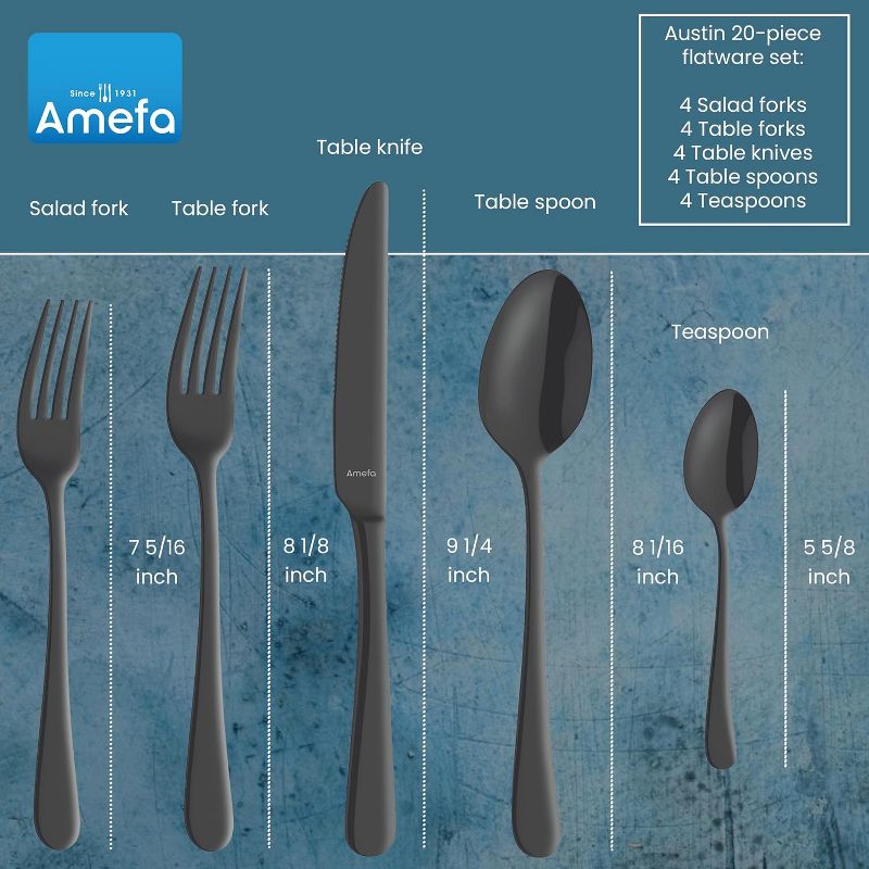 Amefa Austin Black 20-Piece Premium 18/0 Stainless Steel Flatware Set, Satin Black Finish, Silverware Set Service for 4, Rust Resistant Cutlery, 2 of 7