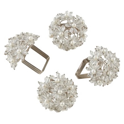 Clear Beaded Floral Design Napkin Rings Set of 4