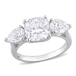 EVERLY JEWELRY | Sterling Silver 4.6 CT DEW Cushion and Pear Shape Created White Moissanite Three Stone Ring - 1 of 4