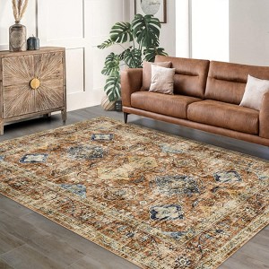Vintage Oriental Rhombus Printed Rug- Retro Distressed Tone ,Low-Pile,Washable,Non-Slip,Rugs for Living Room,Bedroom, Kitchen - 1 of 4