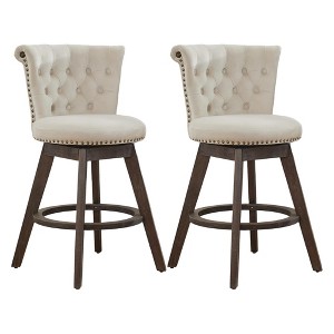 QingMoon 360° Swivel Bar Stools, Velvet Counter Height Chairs Set of 2 with Footrest Ring and Tufted Button Trimmed Edges for Kitchen Island, Pub - 1 of 4