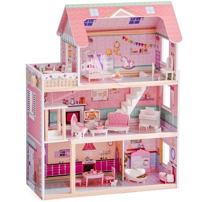 ROBOTIME Dollhouses 3 Story Preschool Toy Doll House, Play House Toys, Wooden Kid House Toy, Holiday Gift For Girls, Pink, 30.7"*24.3"*32"