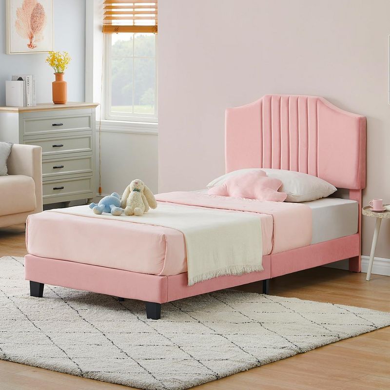Whizmax Twin Bed Frame Upholstered Platform with Headboard, Velvet Fabric Wrap, Non-Slip and Noise-Free,No Box Spring Needed, 2 of 8