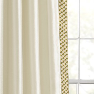 Luxury Mid Century Geo Faux Silk Jacquard Border Window Curtain Panel Ivory/Green Single 52x84 - 1 of 4