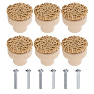 Unique Bargains Rattan Wood Handmade Dresser Cabinet Knobs with Screws - 1 of 4