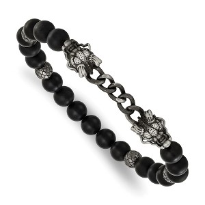 Chisel Stainless Steel Antiqued White Bronze-plated Dragon Heads 8mm Agate and Onyx Beaded 7.5" Stretch Bracelet - 1 of 4