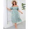 Womens Puff Sleeve Summer Floral Dress Plus Size Smocked Ruffle Square Neck Casual Dress Cute Midi Dress Teal Blue Flower 3XL - 4 of 4