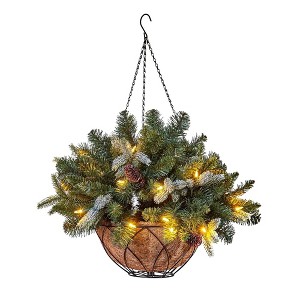 NOMA 24 Inch Evergreen Pre Lit Vienna Hanging Basket with Pine Branches, Pinecones, and Snow for Indoor Outdoor Holiday Decor - 1 of 4