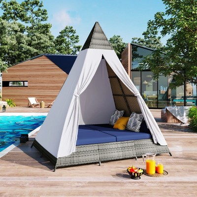 Outdoor Wicker Canopy Daybed,Patio Sunbed with Cushion And Triangle Tent Frame,All Weather Wicker Swimming Pool Daybed-Cuddlewood