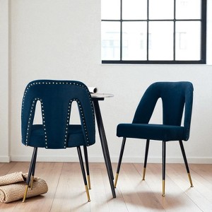 Mshliw Set of 2 Contemporary Velvet Upholstered Dining Chairs with Nailhead Trim and Gold-Tipped Black Metal Legs - 1 of 4