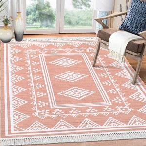 Indoor Tassel Area Rug for Bedroom Living Room - Washable Bordered Farmhouse Carpet, Non-Slip Soft Low Pile Stain-Resistant Mat - 1 of 4