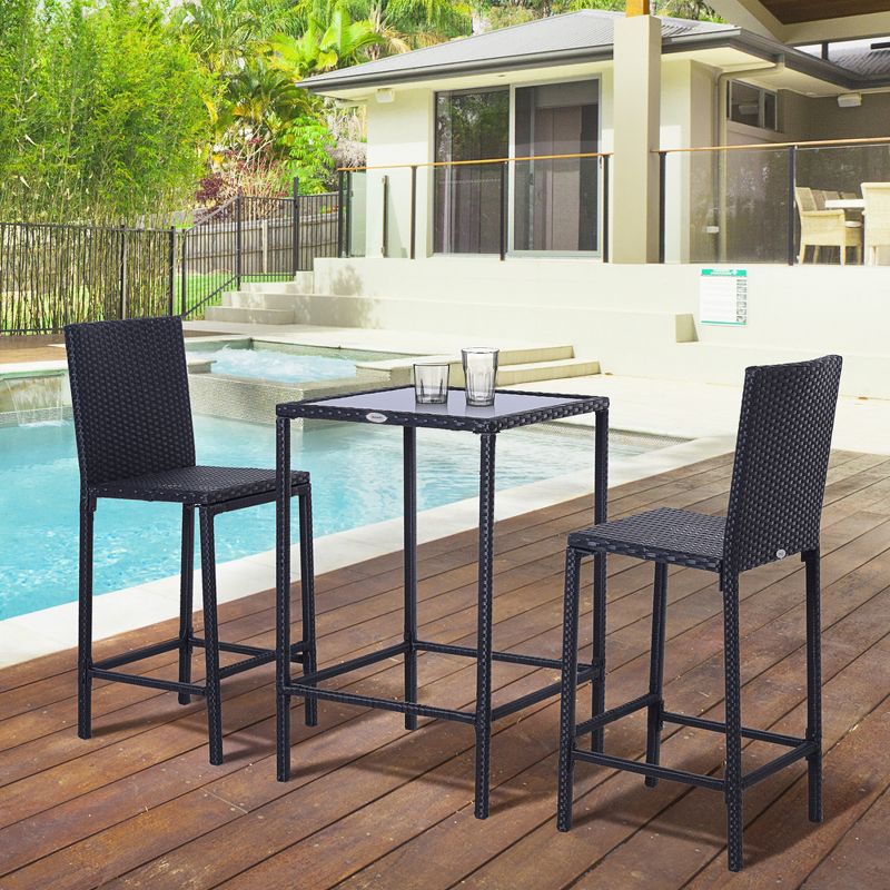 Outsunny 3 PCS Rattan Bar Set with Glass Top Table, 2 Bar Stools for Outdoor, Patio, Garden, Poolside, Backyard, 2 of 9