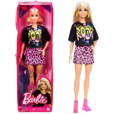 Barbie Fashionistas Doll #155, Long Blonde Hair Wearing "Rock" Graphic T-Shirt & Animal-Print Skirt