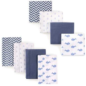 Hudson Baby Infant Boy Cotton Flannel Burp Cloths and Receiving Blankets, 8-Piece, Blue Whale, One Size