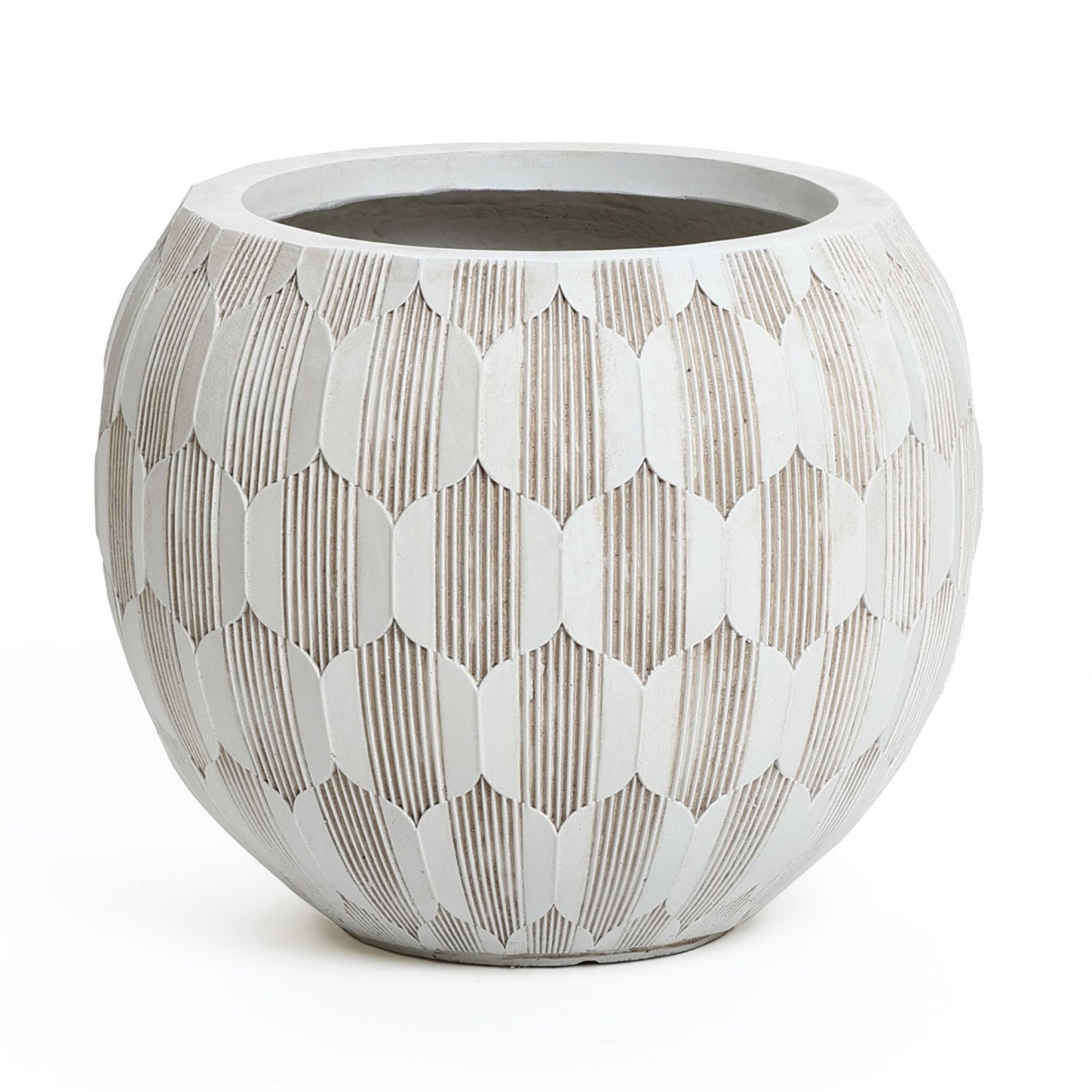 LuxenHome 14" Dia Round Concrete Planter Indoor Outdoor Large Plant Pot with Drainage Hole and Plug Modern Geometric Pattern Flower Pot White